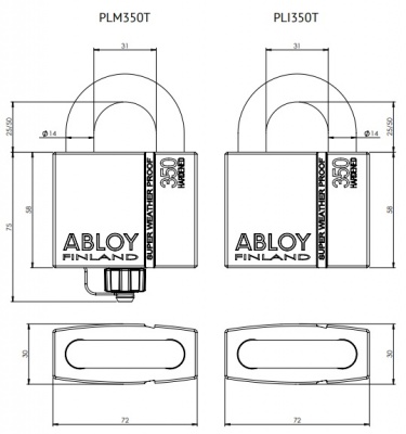 Всепогодный навесной замок Abloy (Аблой) PLM350/PLI350, дужка 14 мм