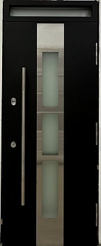 фото тёплая входная дверь с терморазрывом норд 85  нс-52/1 ral 9005, муар с фрамугой. для проема 910*2300, правая