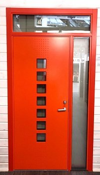 Теплая входная дверь SWEDOOR by Jeld-Wen Character Dots Eco с замком ABLOY LC200, оранжевая, цвет NCS S 0585-Y70R, М9*21, правая + ответная часть SLO 3*12 + фрамуга  OL 3*12